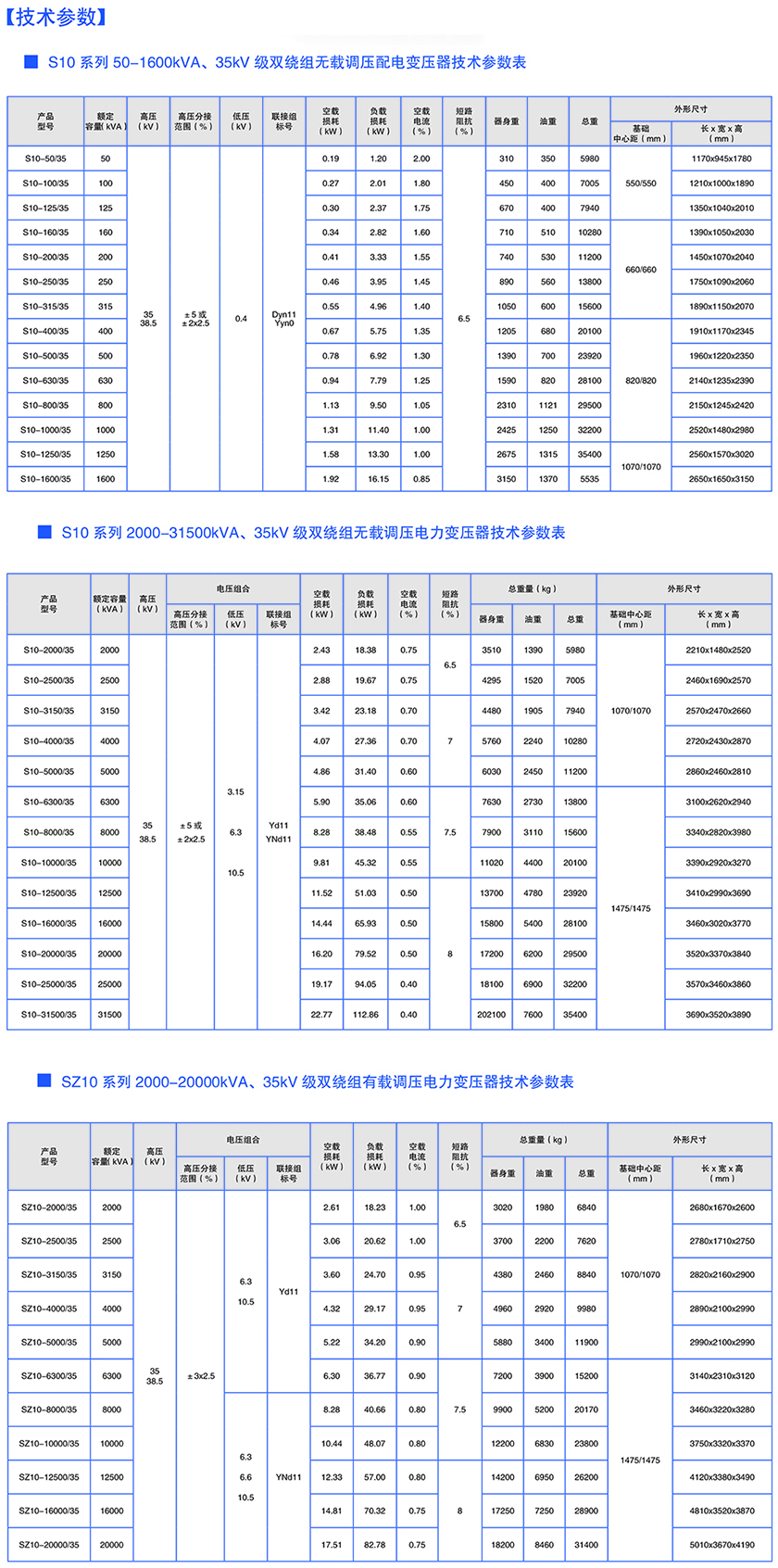 35kV电力变压器技术参数